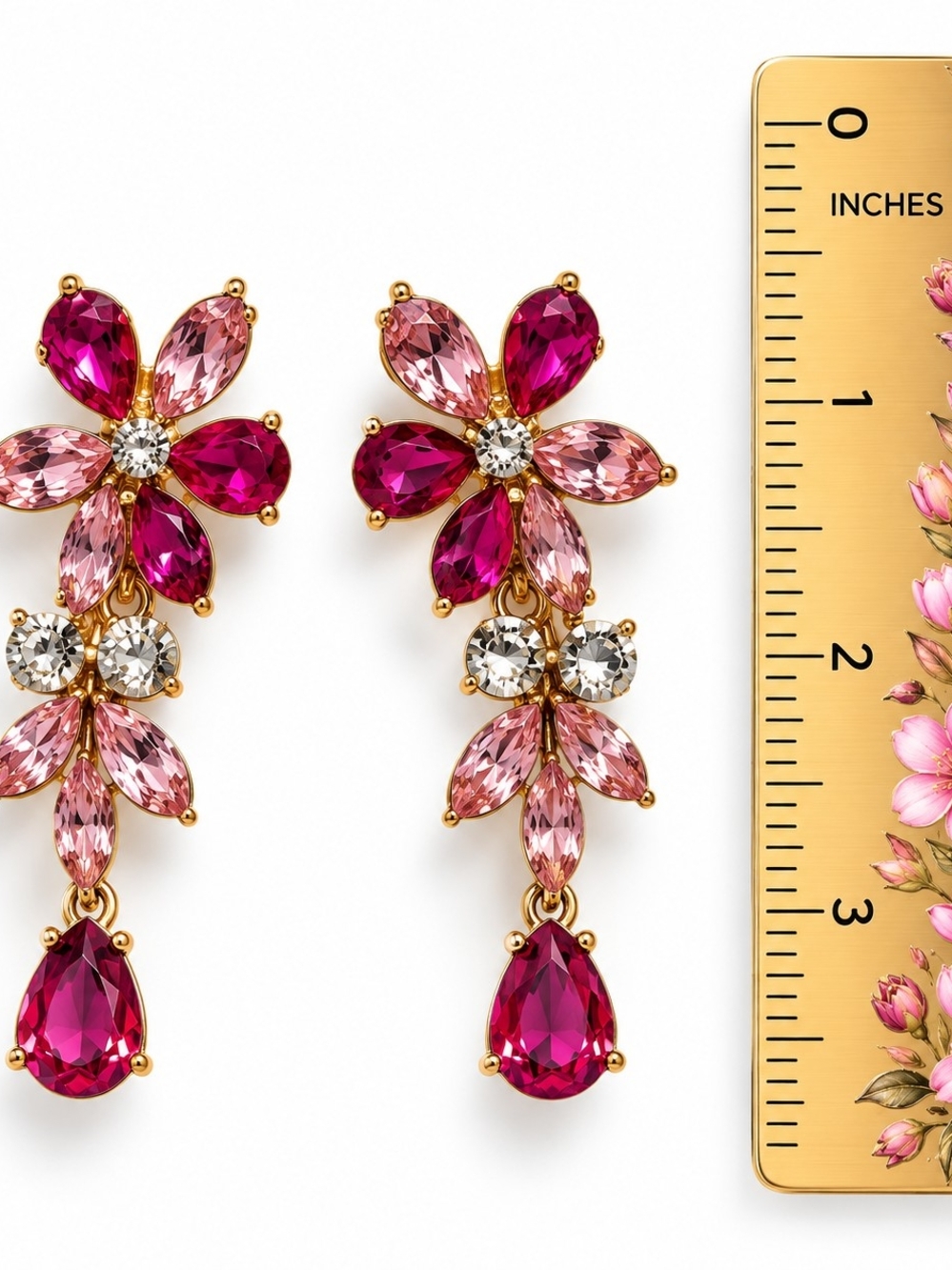 Gold-Tone Pink and Fuchsia Floral Drop Earrings